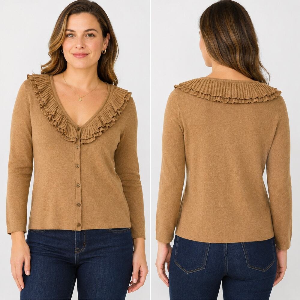 Talbots Classic Fit Ruffle Cardigan Camel/Tan SzM Romantic Feminine